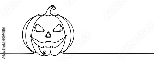 Continuous one line drawing Halloween pumpkin Jack o Lantern. Vector illustration Halloween concept line art, outline silhouette.