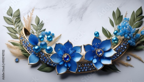 A beautiful blue flower arrangement with bracelets, leaves, and bouquet. Fragrant, sea-inspired colors. Botanical garden, fine art, painting. Wreath of flowers. 3D artwork

