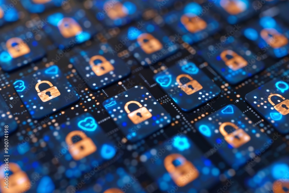 Close up of a digital circuit board with blue security locks representing data protection and cybersecurity Close up of a digital circuit board with blue security locks representing data protection and cybersecurity