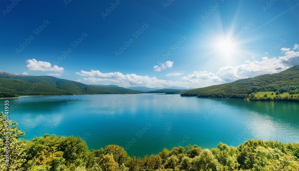 Naklejka premium Blue sky shining sun lake view 
