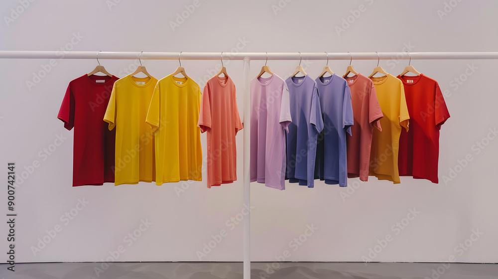 row of colourful tshirt hanging on a horizontal pole in a bright airy white wall based shop row of colourful tshirt hanging on a horizontal pole in a bright airy white wall based shop