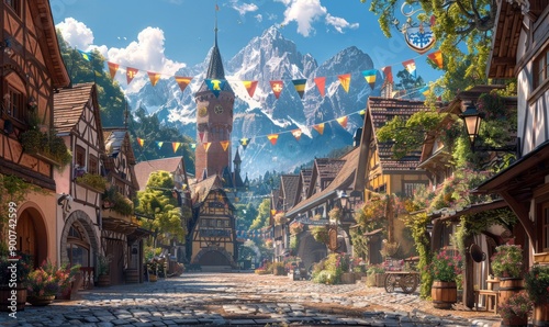 Fototapeta Naklejka Na Ścianę i Meble -  A quaint village street decorated with Oktoberfest festival flags.