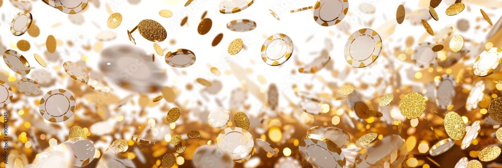 Continuous texture with falling golden defocused blur elements and white gold casino chips Continuous texture with falling golden defocused blur elements and white gold casino chips