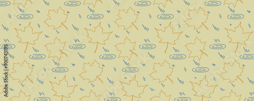 Autumn pattern with maple leaves and raindrops. Rain is knocking on puddles during leaf fall. Vector background for design