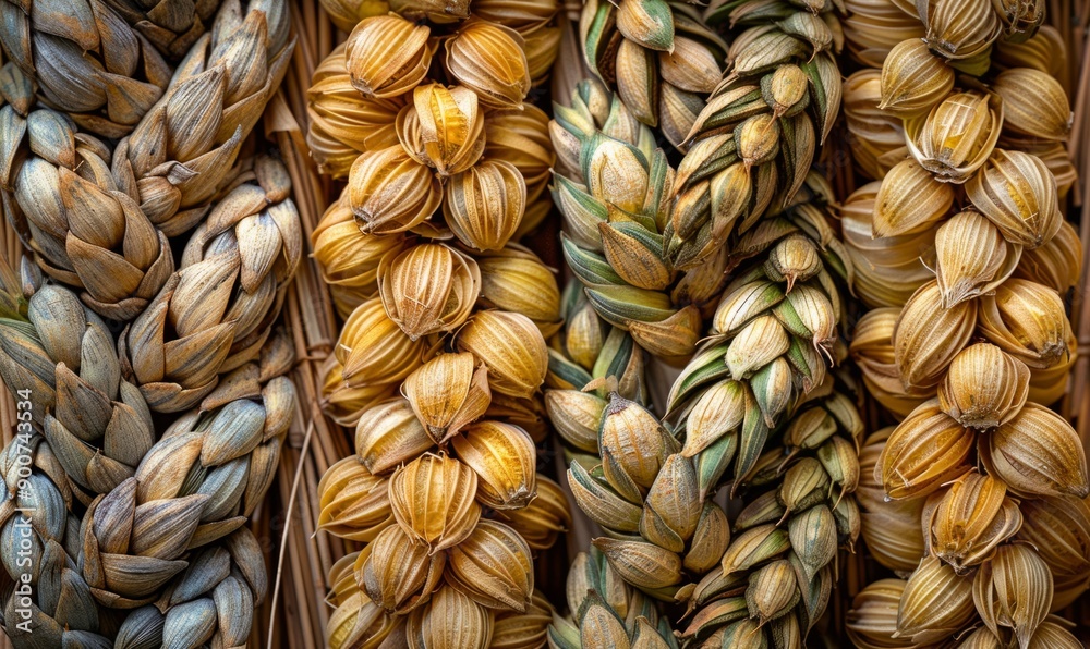 Close-up of hops and barley arranged in a decorative pattern at the Oktoberfest festival. Close-up of hops and barley arranged in a decorative pattern at the Oktoberfest festival.