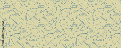 Autumn pattern with umbrellas and raindrops. Rain is knocking on puddles. Vector background for design