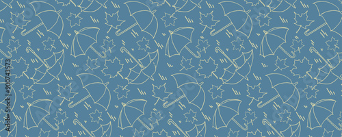 Autumn pattern with umbrellas, raindrops and maple leaves. Rain falls on puddles. Vector background for design