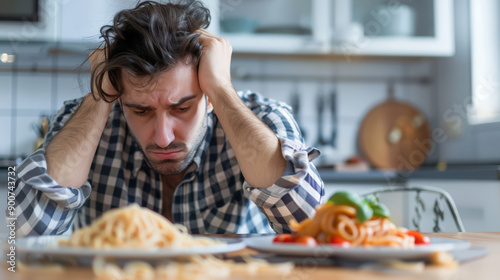 A man is sitting at a table with two plates of food in front of him photo