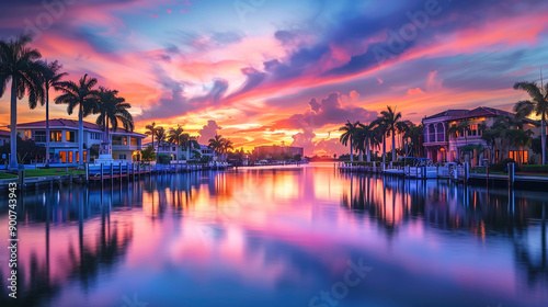 Boca Raton buildings along Lake Boca Raton at sunset, Florida, USA.