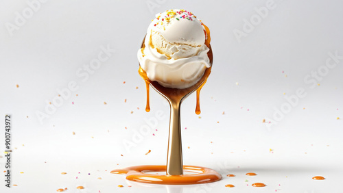 Ball of ice cream with runny caramel topping photo