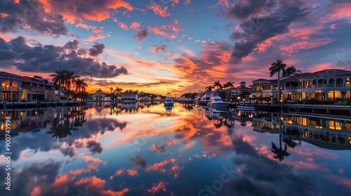 Boca Raton buildings along Lake Boca Raton at sunset, Florida, USA.