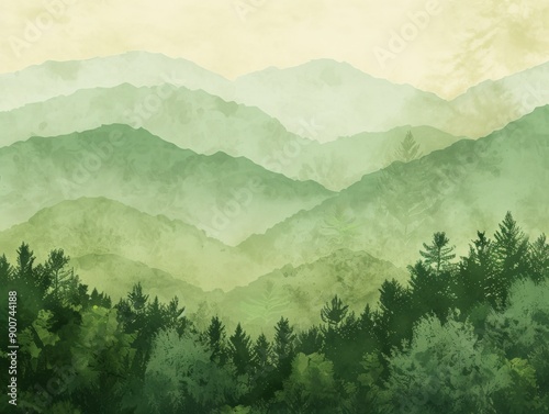 Peaceful mountain landscape with muted green tones providing a serene and calming visual escape