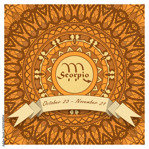 Scorpio horoscope sign in an openwork decorative frame with a ribbon and an inscription. Emblem, poster, decorative panel. Vector illustration