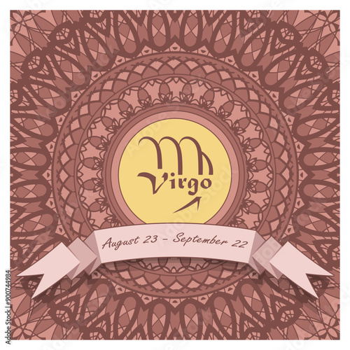 Virgo horoscope sign in an openwork decorative frame with a ribbon and an inscription. Emblem, poster, decorative panel. Vector illustration