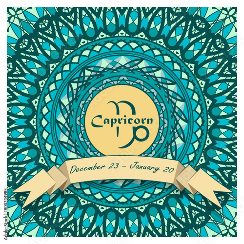 Capricorn horoscope sign in an openwork decorative frame with a ribbon and an inscription. Emblem, poster, decorative panel. Vector illustration