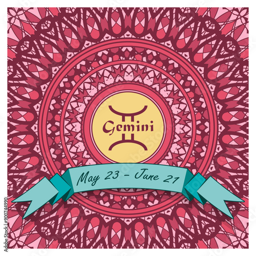 Gemini horoscope sign in an openwork decorative frame with a ribbon and an inscription. Emblem, poster, decorative panel. Vector illustration