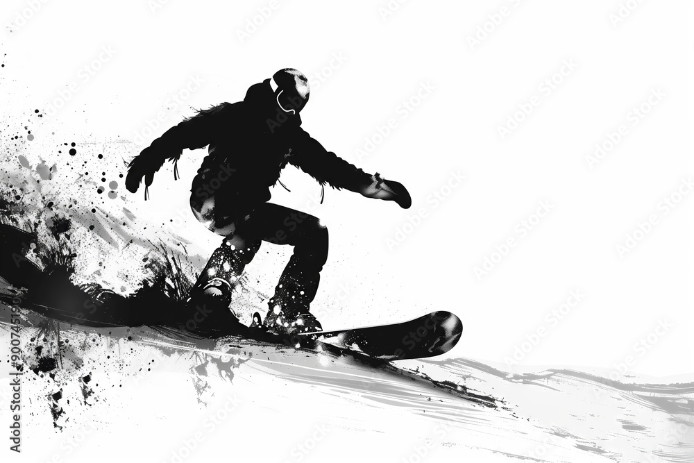 A Silhouette of a Snowboarder Carving Through Powder on a Snowy Day