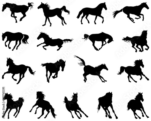 Black silhouettes of horses at a gallop on a white background