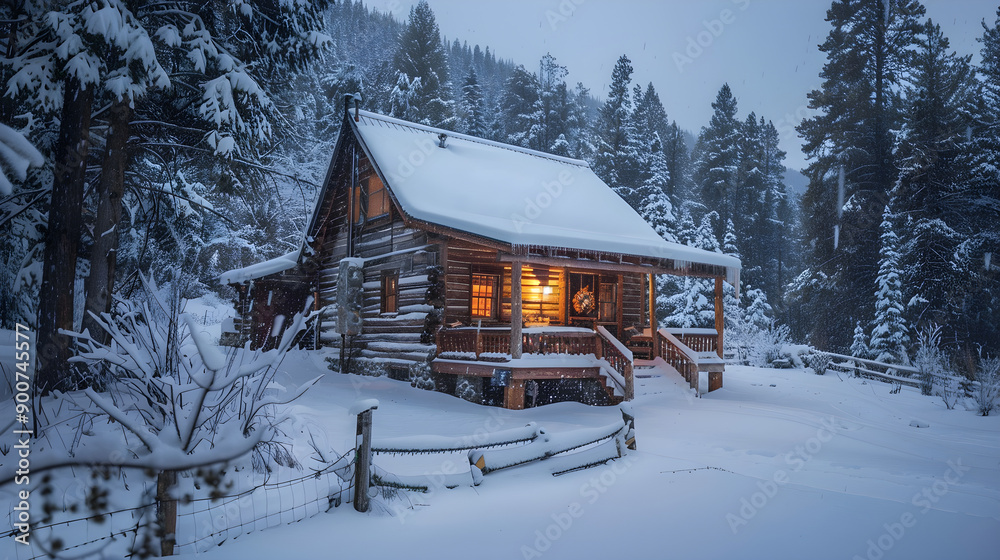 Rustic cabin nestled in snowy landscape, surrounded by trees, under a serene winter sky. Rustic cabin nestled in snowy landscape, surrounded by trees, under a serene winter sky.
