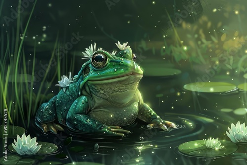 Magical illustration of a frog amidst water lilies under a mystical green light © anatolir