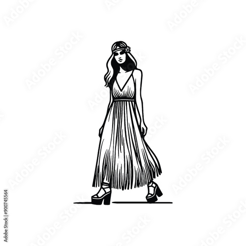 woman wearing retro fashion bohemian maxi dress with fringe details and platform sandals
