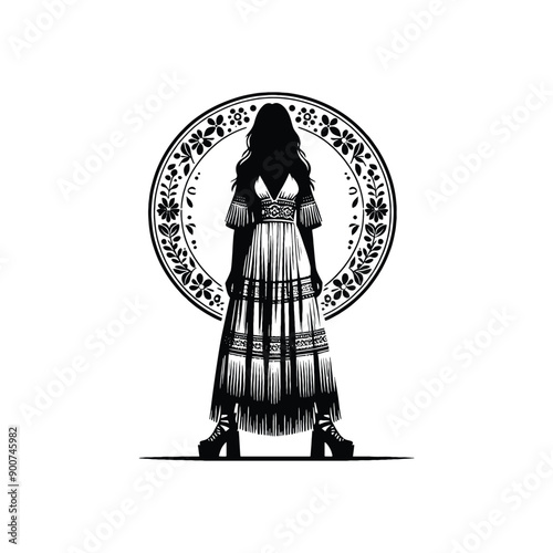 woman wearing retro fashion bohemian maxi dress with fringe details and platform sandals