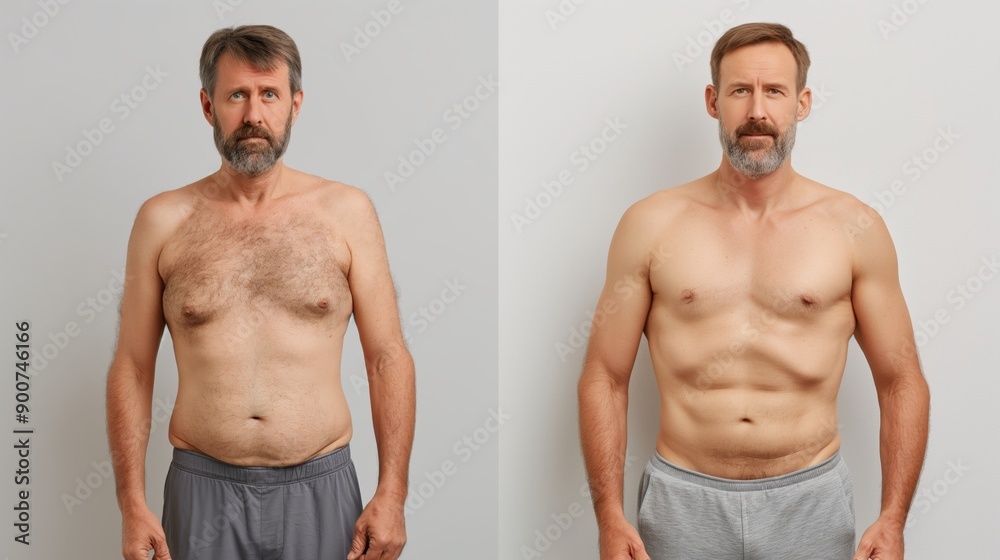 Side-by-side comparison of a middle-aged man before and after a fitness transformation, showing improved physique from overweight to lean and muscular.