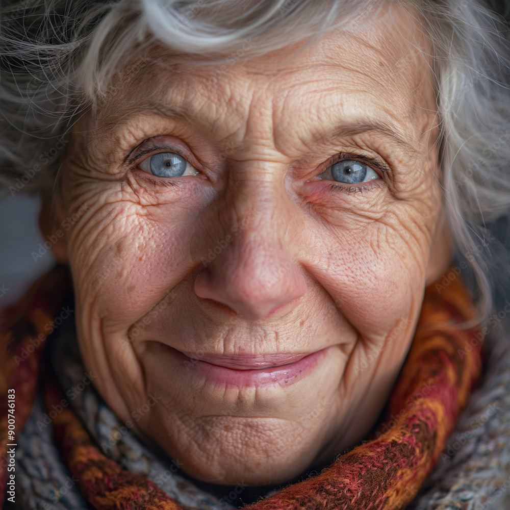 Photorealistic, close-up of a delighted elderly woman's face, warm and cheerful mood, softly blurred backdrop, International Day for the Elderly