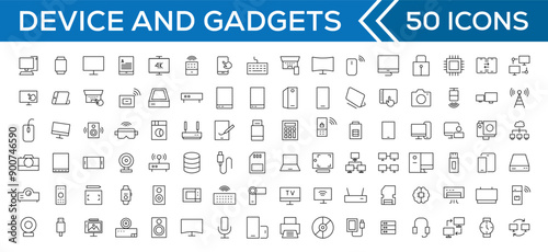 Device and technology line icon set. Electronic devices and gadgets, computer, equipment and electronics. Computer monitor, smartphone, tablet and laptop simple icon collections