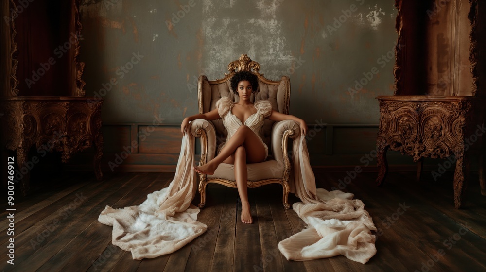 Fototapeta premium A woman in an elegant dress sits confidently on an ornate armchair in a vintage-style room with artistic furniture and draped fabric on the floor.
