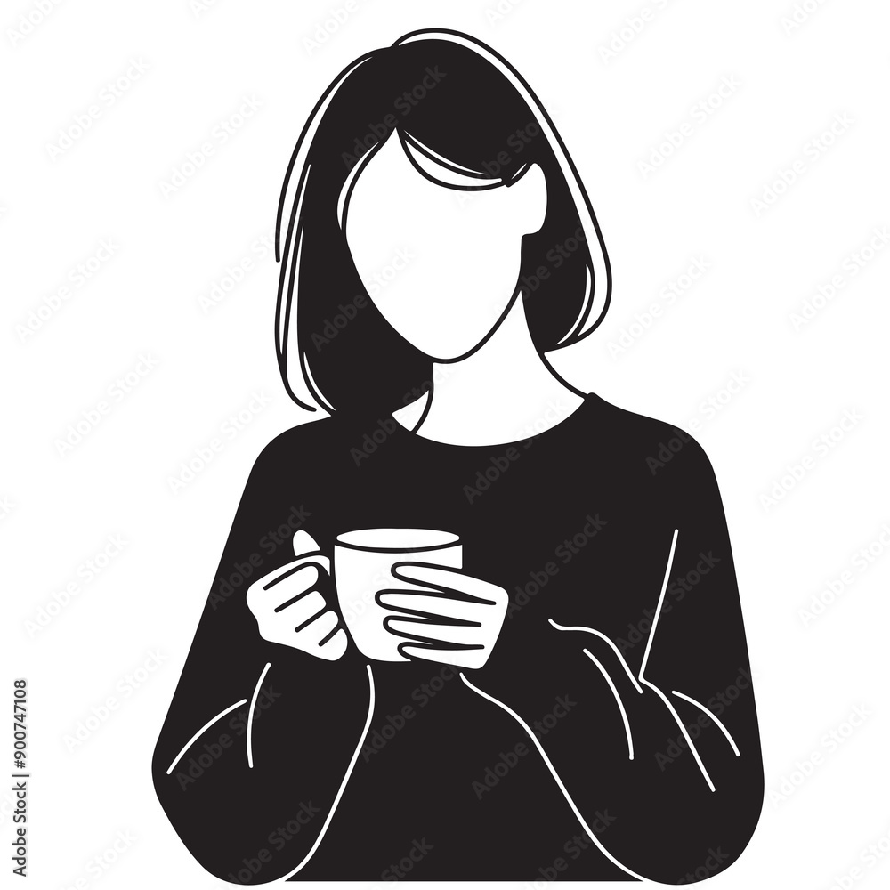 Continuous line of woman in sweater with tea Continuous line of woman in sweater with tea