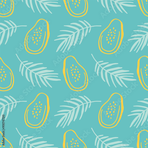 Seamless pattern of yellow papaya slices and light blue palm leaves on a turquoise background. Tropical vector illustration for textile, wallpaper, and print