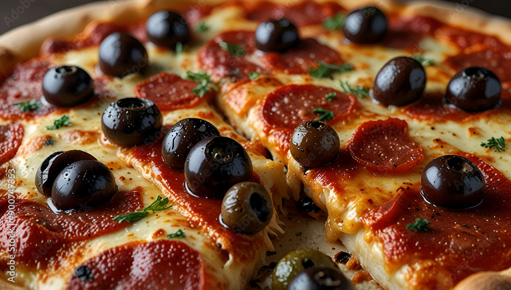 Tasty pepperoni pizza with mushrooms and olives. Top view, Generative AI
Tasty pepperoni pizza with mushrooms and olives. Top view, Generative AI