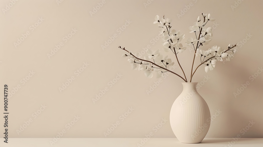 A minimalist still life featuring a white vase with delicate branches of flowers arranged against a soft, neutral background. A minimalist still life featuring a white vase with delicate branches of flowers arranged against a soft, neutral background.