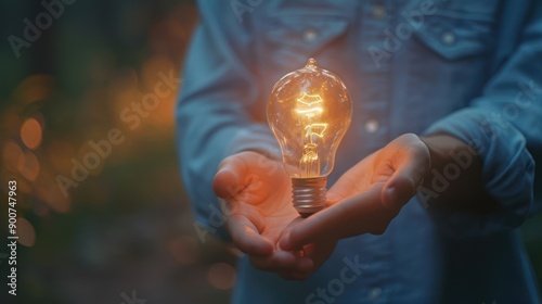 The glowing lightbulb in hands photo