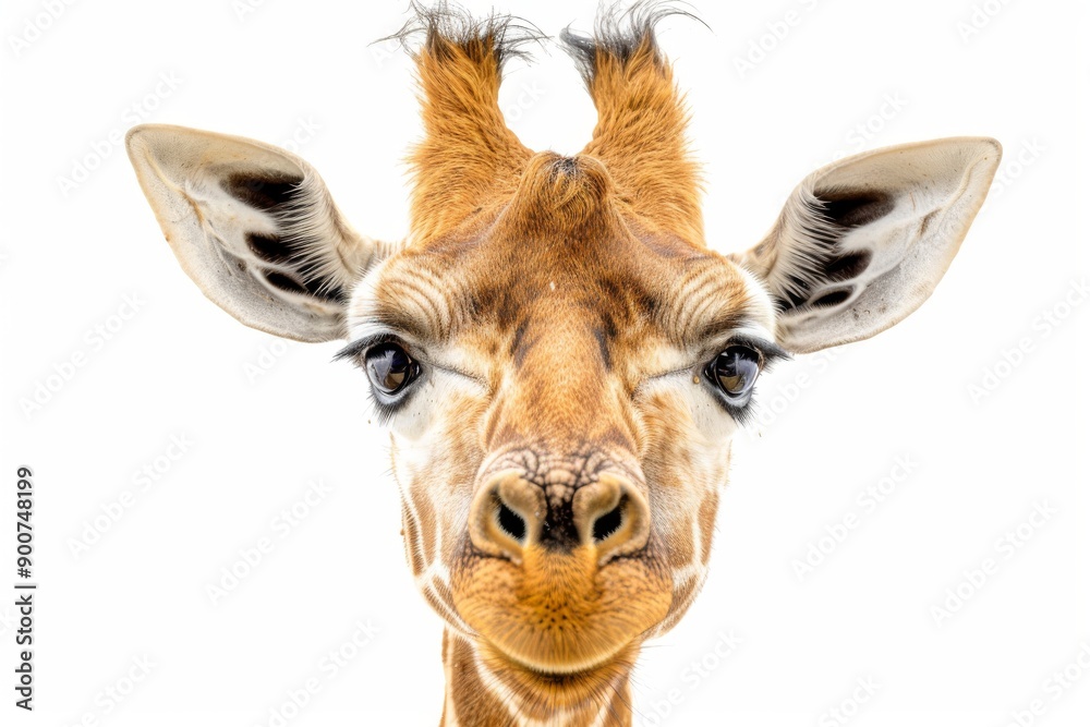 Naklejka premium Quirky giraffe with curious expression, bright and charming animal portrait, detailed fur texture, soft and warm light, isolated white background, endearing and cute safari animal.