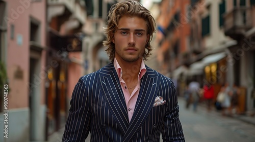 A stylish young man in a pinstripe suit stands confidently in a bustling street, exuding charisma and elegance. 