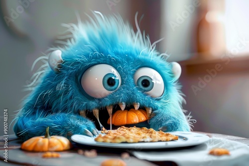 Cute furry blue monster having a slice of delicious pie at a cozy table setting
