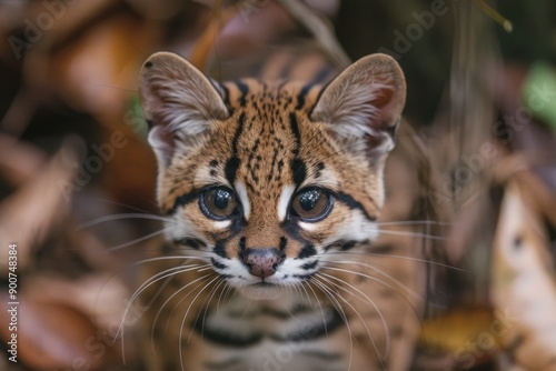 Adorable margay kitten with curious expression, bright and cute animal portrait, detailed fur texture, soft and warm light, natural outdoor background, playful and endearing animal.