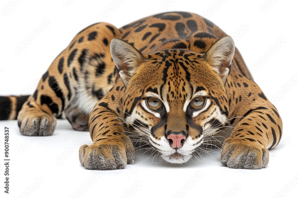 Obraz premium Fierce ocelot with intense gaze, powerful and majestic predator portrait, detailed fur texture, bright and clear light, isolated background, impressive and wild animal.