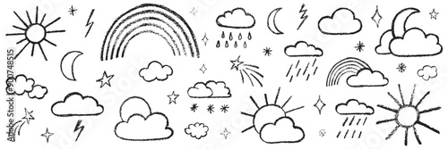 Chalk kid cloud weather symbols set. Vector stock illustration isolated on white background for design template travel blog, meteorology forecast. Kit textural crayon hand drawing symbols.
