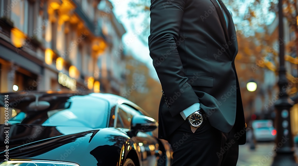 A stylishly dressed man stands confidently beside a luxury sports car in an upscale urban setting during twilight, conveying elegance and wealth. 