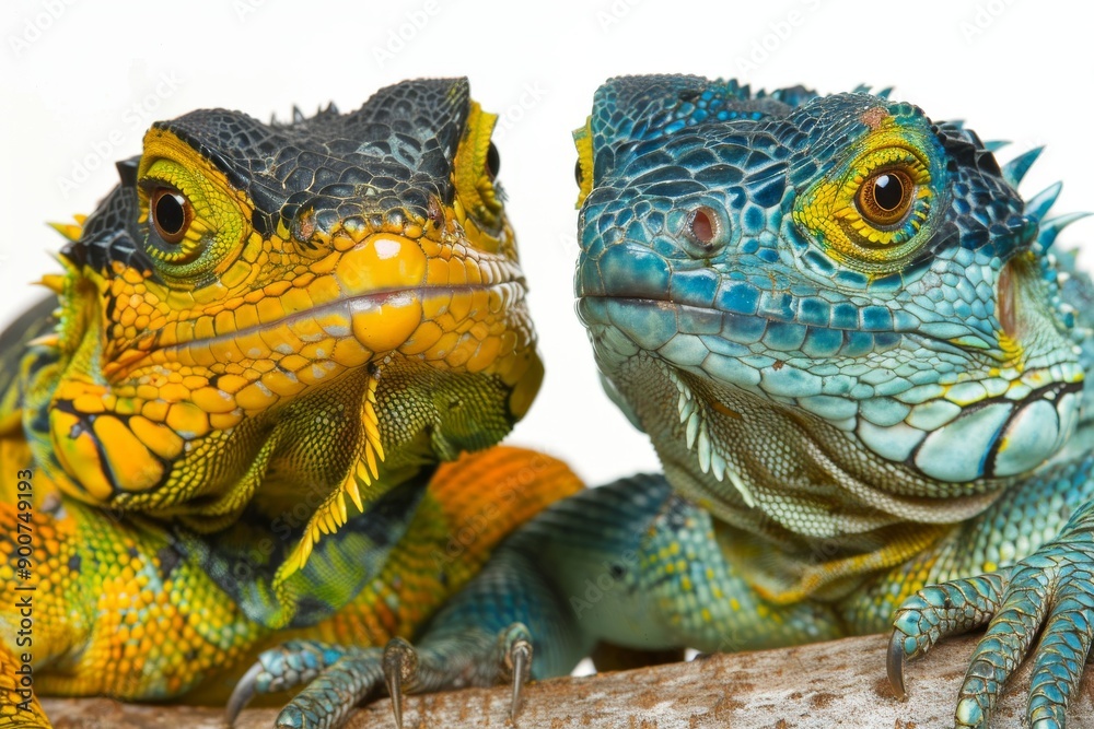 Fototapeta premium Striking close-up of two iguanas, vivid and detailed reptile portraits, sharp focus, colorful skin patterns, bright and clear light, isolated white background, fascinating exotic pets.