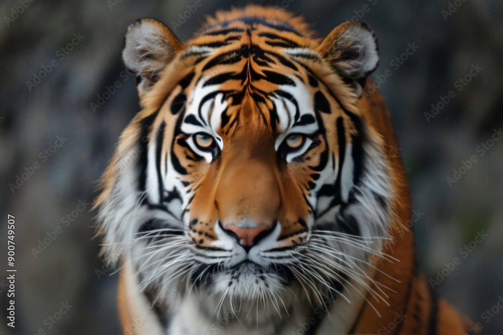 Fototapeta premium Fierce tiger with intense gaze, powerful and majestic predator portrait, detailed fur texture, bright and clear light, natural outdoor background, impressive and wild animal.