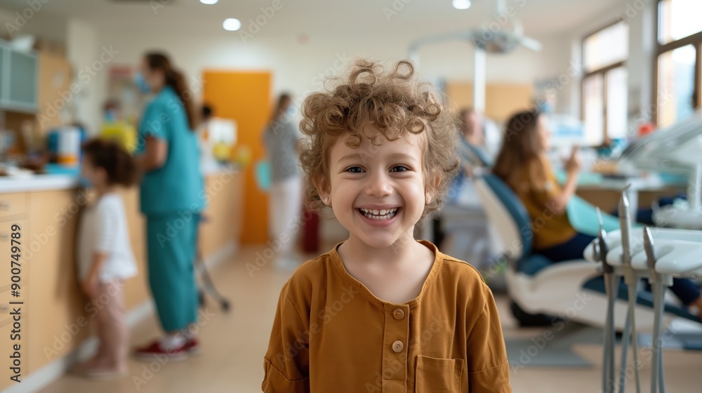 Smiling child in a dental clinic with dental professionals and patients in the background. Smiling child in a dental clinic with dental professionals and patients in the background.