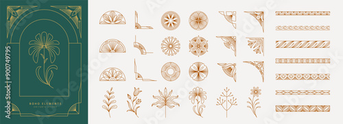 Frame constructor of boho geometric design elements. Simple corner, wreath and seamless borders for book covers print, social media and packaging or wedding greeting card. Vector illustration