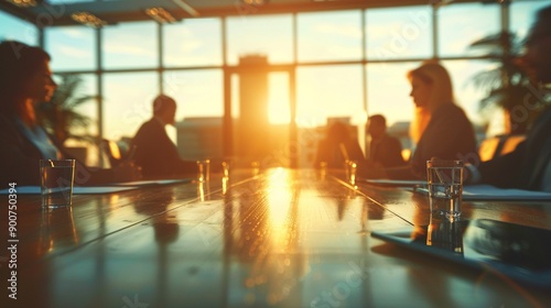 Business professionals engage in a strategy, in a conference room with floor-to-ceiling windows.