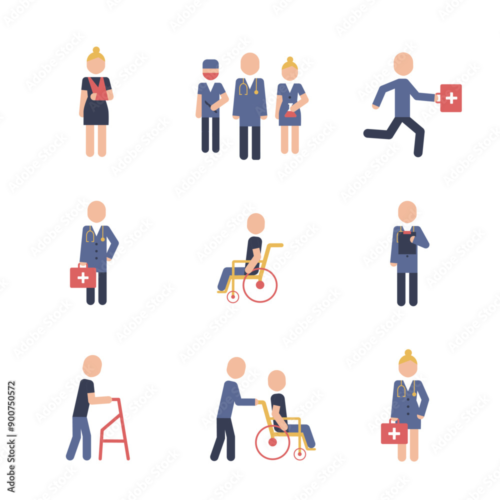 Vector icon illustrations set related to medical, welfare for the elderly, people with disabilities etc. Color pictograms clinic icons.