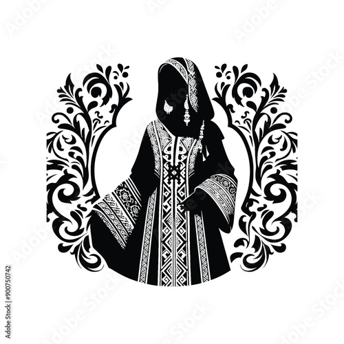 woman wear traditional fashion Moroccan djellaba in rich fabrics