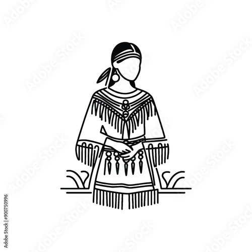 woman wear traditional fashion Native American jingle dress adorned with metal cones